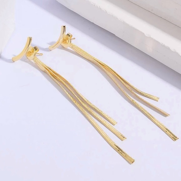 New Small 14KGP Curved Bar Herringbone Dangle Strands/ Arc Chain Tassel Earrings - Picture 3 of 16